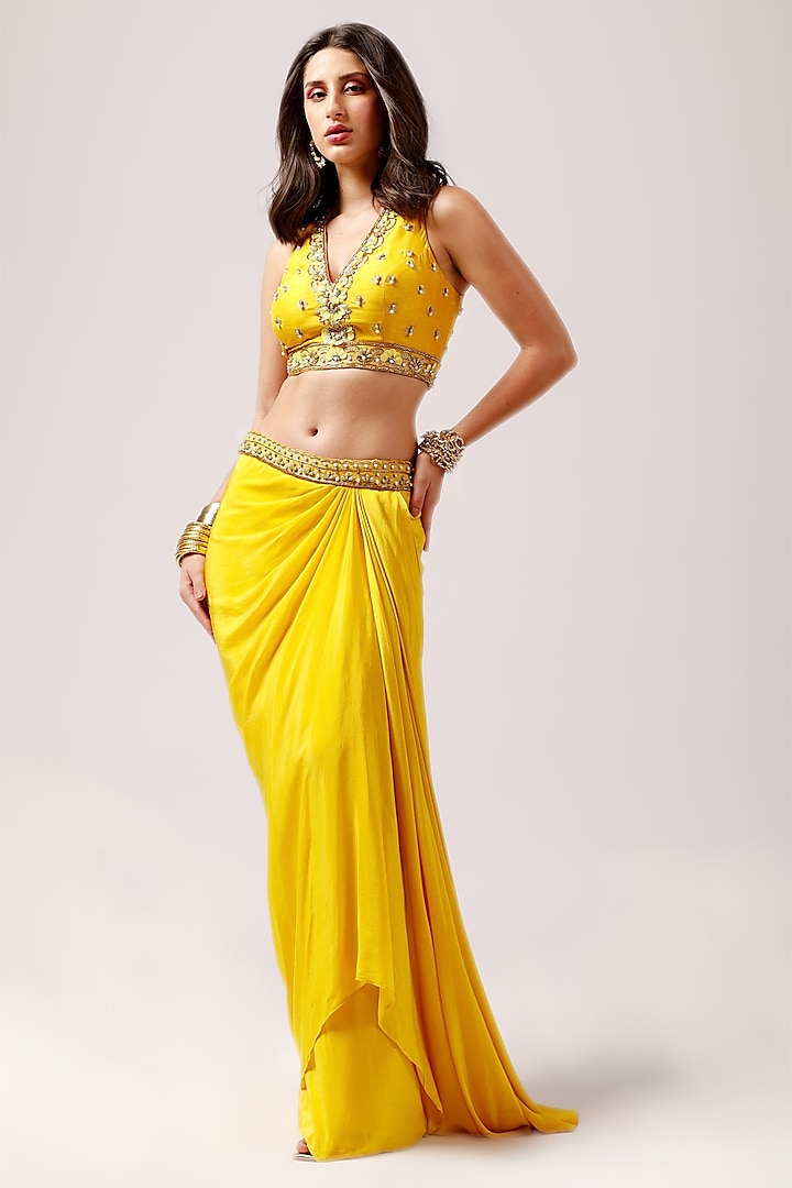 Mustard Crepe Skirt Set by Anshika Tak Label