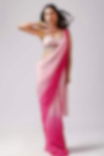 Pink Ombre Crepe Pearl Work Saree Set by Anshika Tak Label