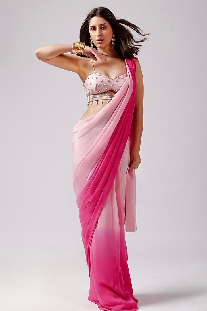 Pink Ombre Crepe Pearl Work Saree Set by Anshika Tak Label