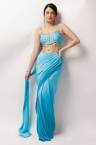 Bright Blue Ombre Crepe Cutwork Saree Set by Anshika Tak Label