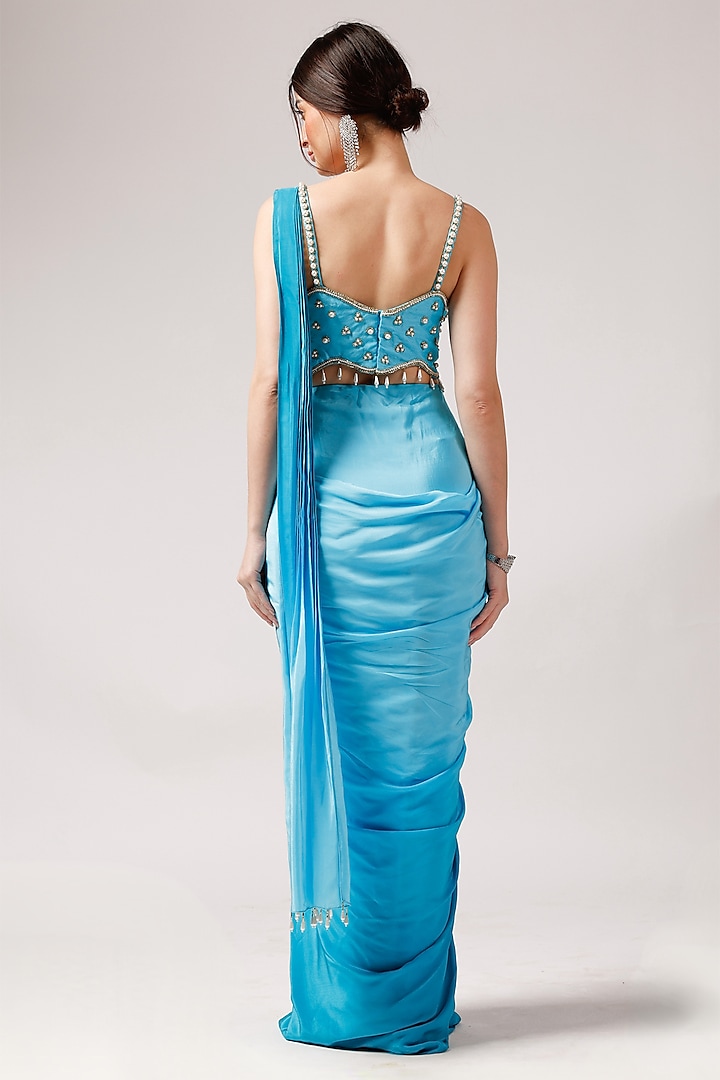 Bright Blue Ombre Crepe Cutwork Party Wear Saree Set by Anshika Tak Label at Pernia's Pop Up Shop