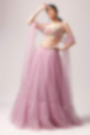 Baby Pink Net Pearl Work Lehenga Set by Anshika Tak Label