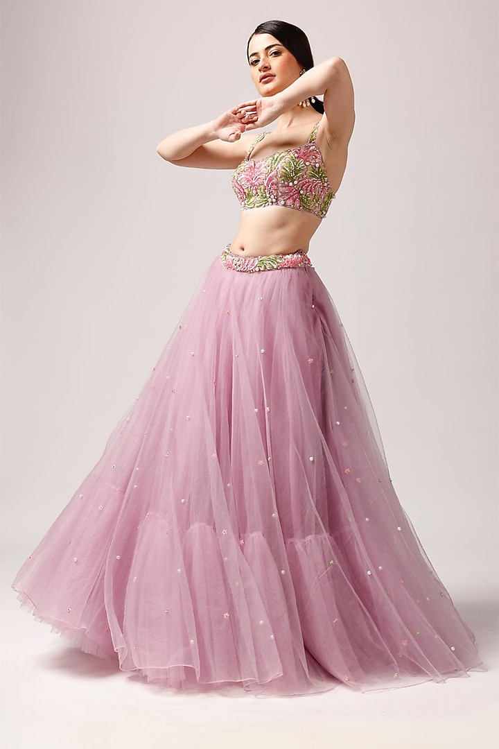 Baby Pink Net Pearl Work Wedding Lehenga Set by Anshika Tak Label at Pernia's Pop Up Shop