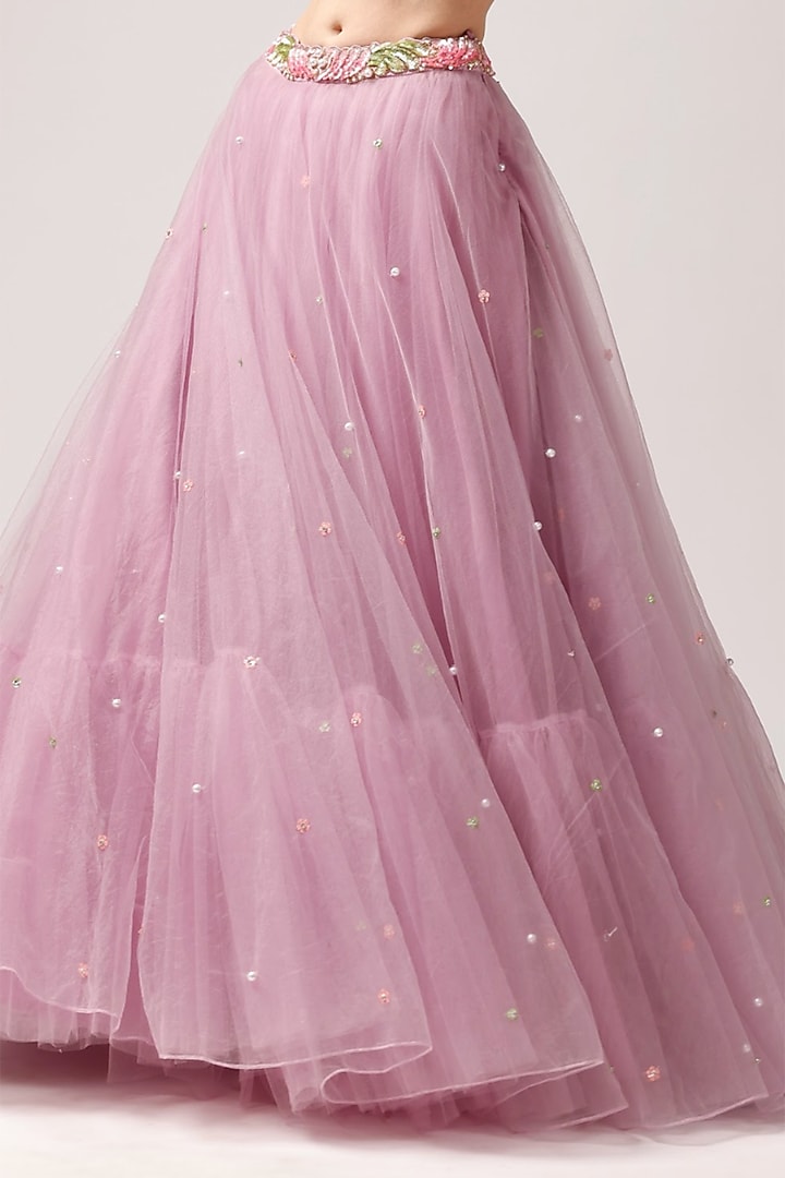 Baby Pink Net Pearl Work Wedding Lehenga Set by Anshika Tak Label at Pernia's Pop Up Shop