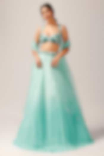 Pacific Blue Ombre Crepe Lehenga Set by Anshika Tak Label