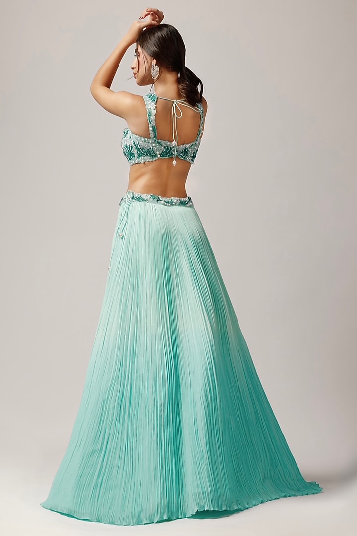 Pacific Blue Ombre Crepe Wedding Lehenga Set by Anshika Tak Label at Pernia's Pop Up Shop