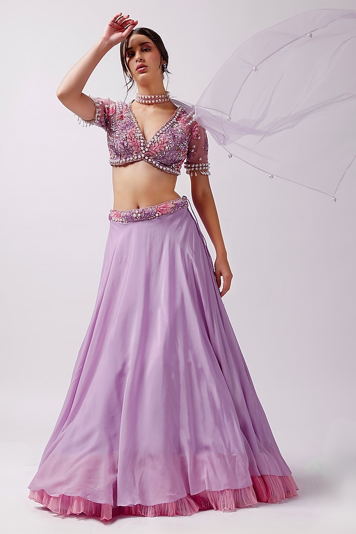 Lavender Net Lehenga Set by Anshika Tak Label