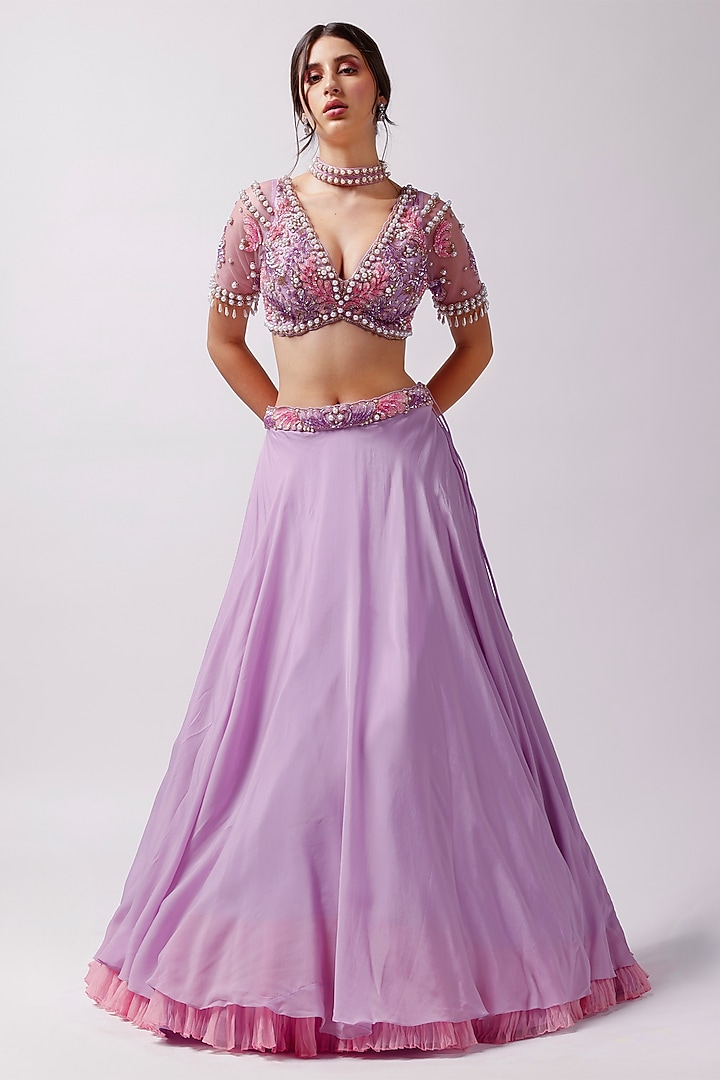 Lavender Net Wedding Lehenga Set by Anshika Tak Label at Pernia's Pop Up Shop