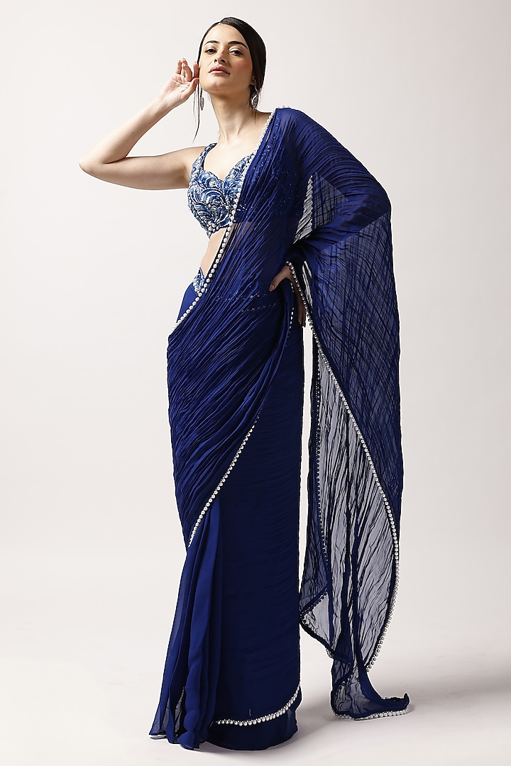 Midnight Blue Organza Saree Set by Anshika Tak Label at Pernia's Pop Up Shop