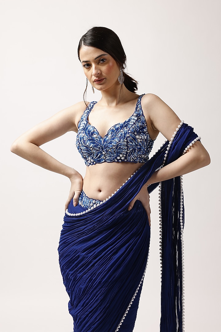 Midnight Blue Organza Wedding Saree Set by Anshika Tak Label at Pernia's Pop Up Shop