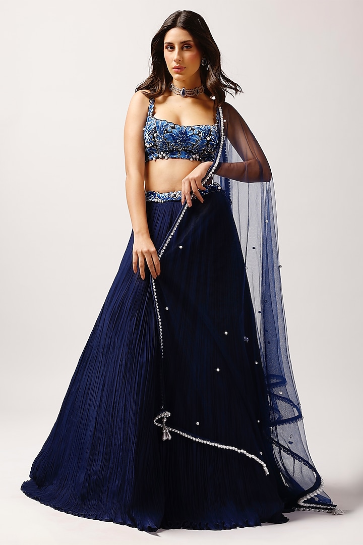 Midnight Blue Crepe Lehenga Set by Anshika Tak Label