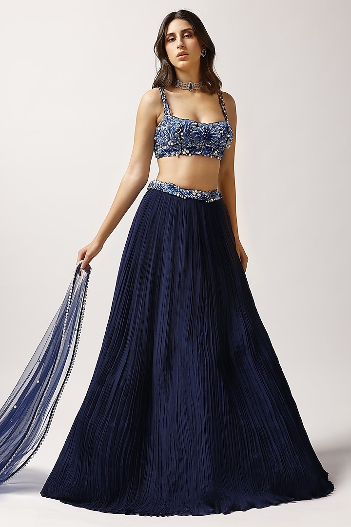 Midnight Blue Crepe Wedding Lehenga Set by Anshika Tak Label at Pernia's Pop Up Shop