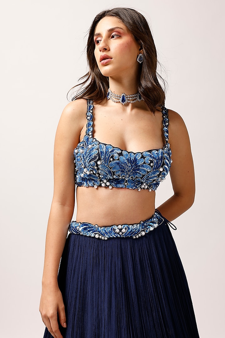 Midnight Blue Crepe Wedding Lehenga Set by Anshika Tak Label at Pernia's Pop Up Shop