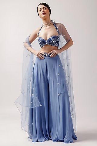 Blue Net Pearl Embellished Jacket Set by Anshika Tak Label