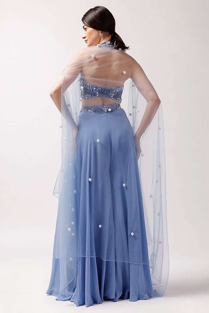 Blue Net Pearl Embellished Jacket Set by Anshika Tak Label at Pernia's Pop Up Shop