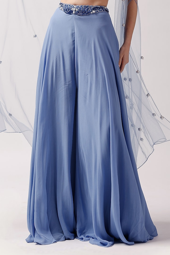 Blue Net Pearl Embellished Jacket Set by Anshika Tak Label at Pernia's Pop Up Shop