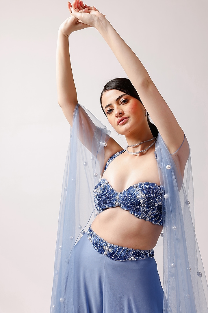 Blue Net Pearl Embellished Jacket Set by Anshika Tak Label at Pernia's Pop Up Shop