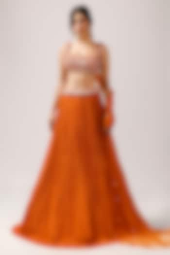 Orange Crepe Ruched Wedding Lehenga Set by Anshika Tak Label at Pernia's Pop Up Shop