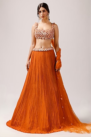 Orange Crepe Ruched Lehenga Set by Anshika Tak Label