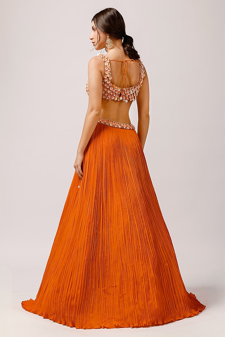 Orange Crepe Ruched Wedding Lehenga Set by Anshika Tak Label at Pernia's Pop Up Shop