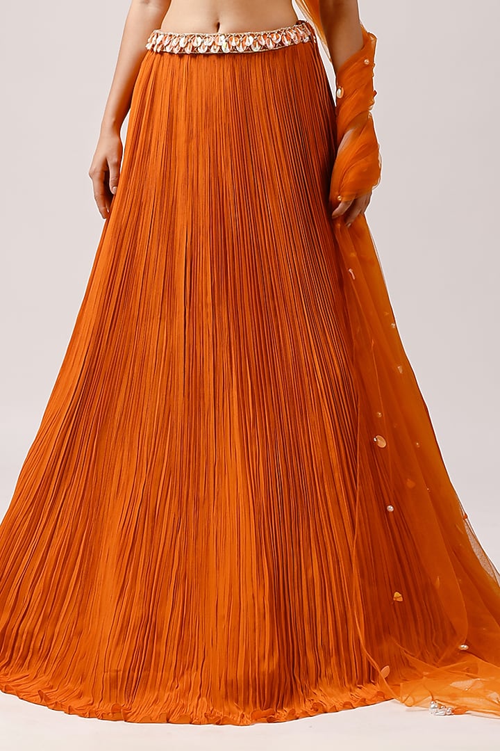 Orange Crepe Ruched Wedding Lehenga Set by Anshika Tak Label at Pernia's Pop Up Shop