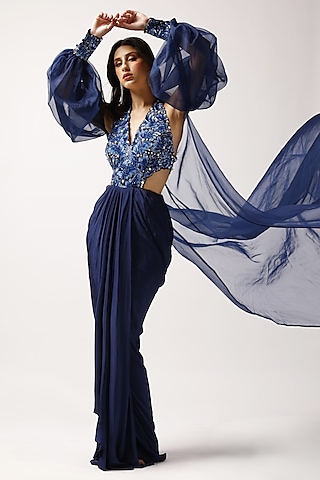 Midnight Blue Crepe & Organza Pearl Embroidered Jacket Dress by Anshika Tak Label