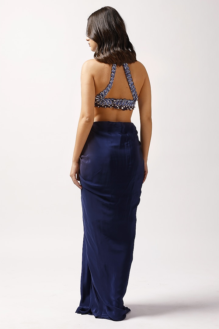 Midnight Blue Crepe & Organza Pearl Embroidered Jacket Cocktail Dress by Anshika Tak Label at Pernia's Pop Up Shop