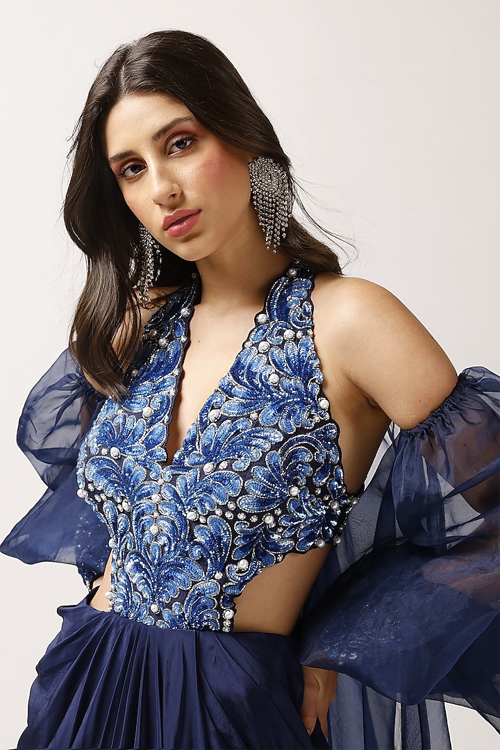 Midnight Blue Crepe & Organza Pearl Embroidered Jacket Cocktail Dress by Anshika Tak Label at Pernia's Pop Up Shop