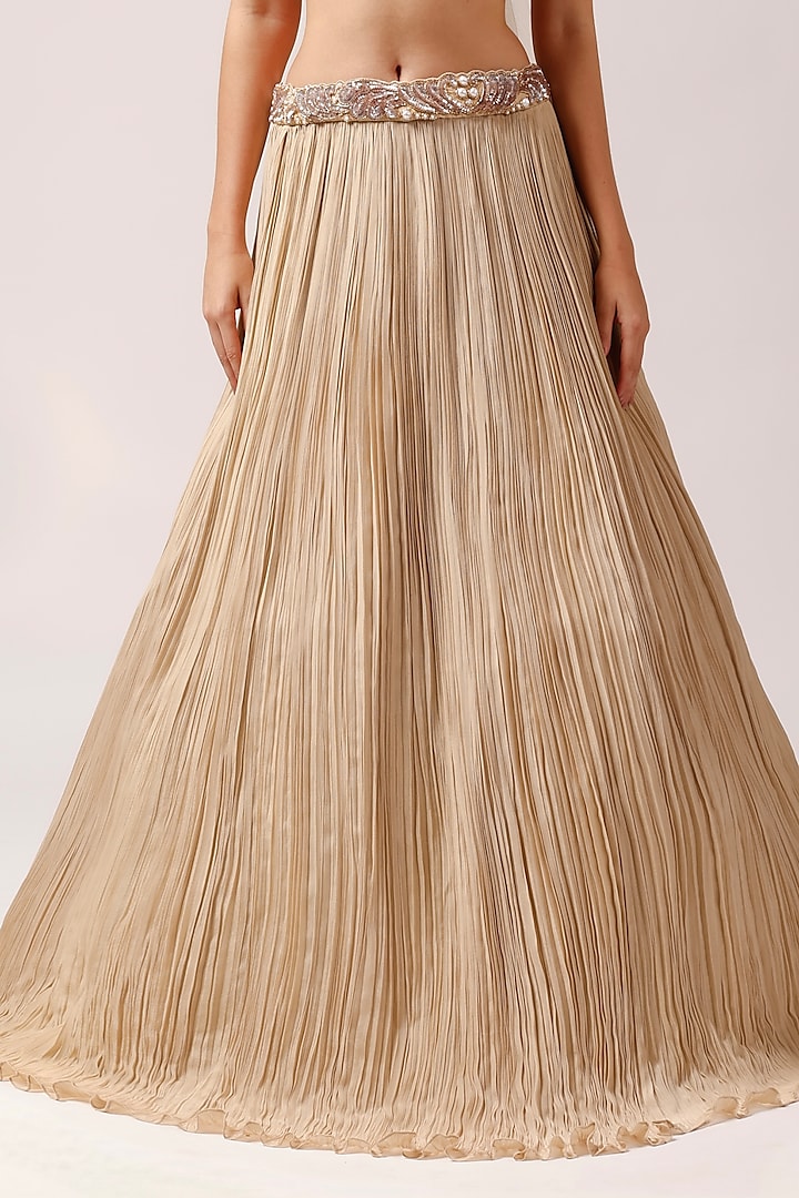 Golden Beige Crepe Embroidered Ruched Wedding Lehenga Set by Anshika Tak Label at Pernia's Pop Up Shop