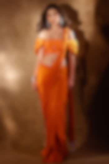 Orange Crepe Saree Set by Anshika Tak Label