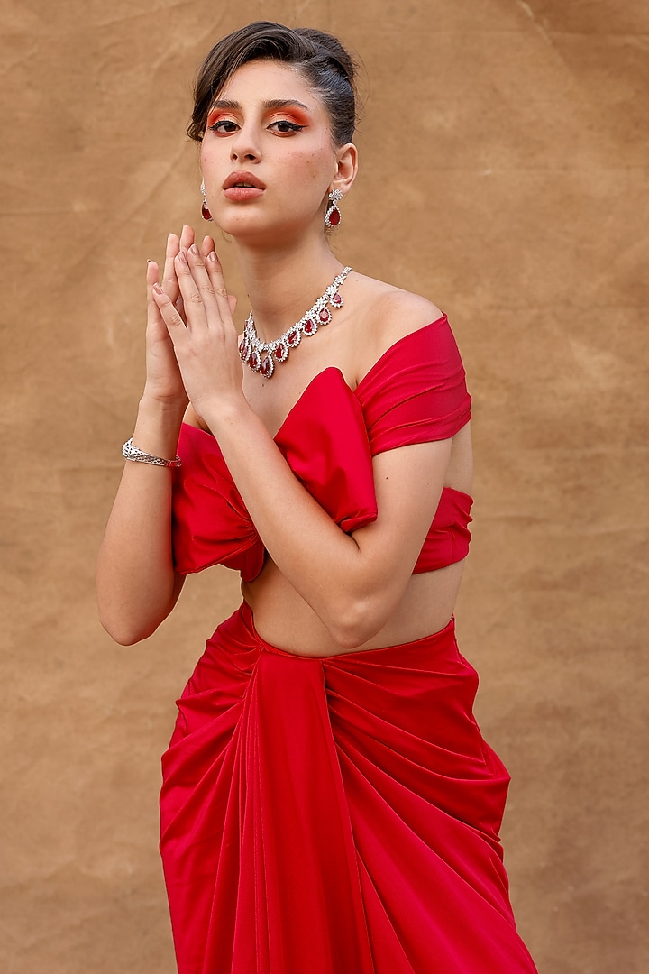 Red Lycra Skirt Set by Anshika Tak Label at Pernia's Pop Up Shop