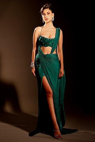 Emerald Green Crepe Draped Saree Set by Anshika Tak Label