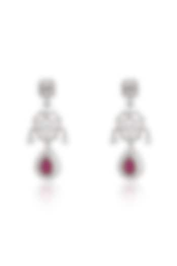 White Rhodium Finish Zircon & Pinkish Red Ruby Drop Dangler Earrings In Sterling Silver by Ananta Jewellery at Pernia's Pop Up Shop