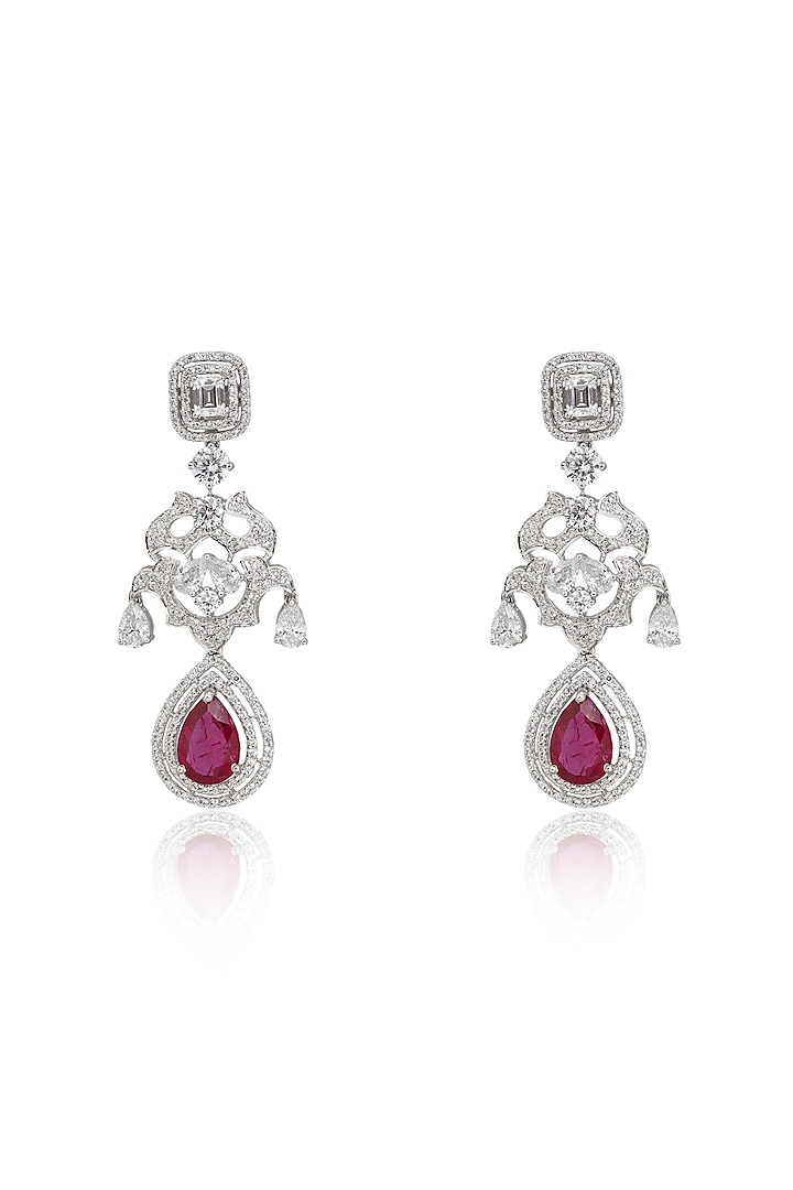 White Rhodium Finish Zircon & Pinkish Red Ruby Drop Dangler Earrings In Sterling Silver by Ananta Jewellery at Pernia's Pop Up Shop