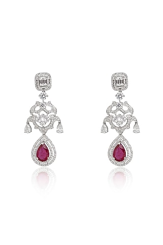White Rhodium Finish Zircon & Pinkish Red Ruby Drop Dangler Earrings In Sterling Silver by Ananta Jewellery