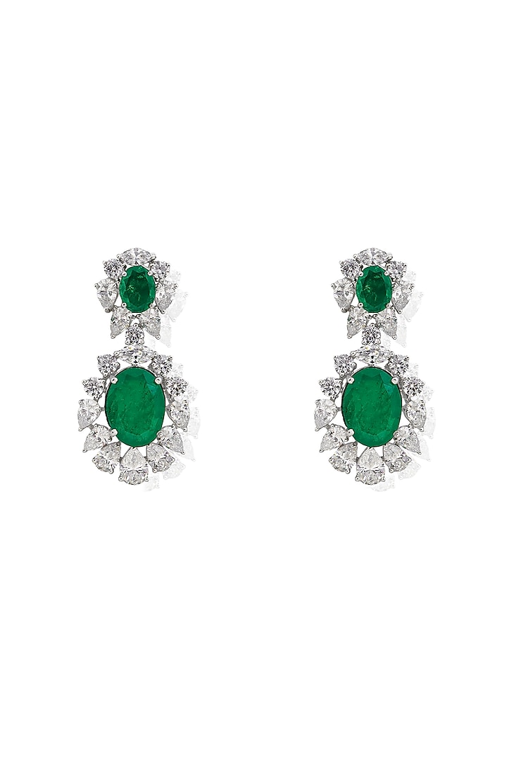 White Rhodium Finish Zircon & Emerald Dangler Earrings In Sterling Silver by Ananta Jewellery at Pernia's Pop Up Shop