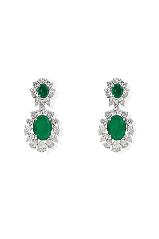 White Rhodium Finish Zircon & Emerald Dangler Earrings In Sterling Silver by Ananta Jewellery