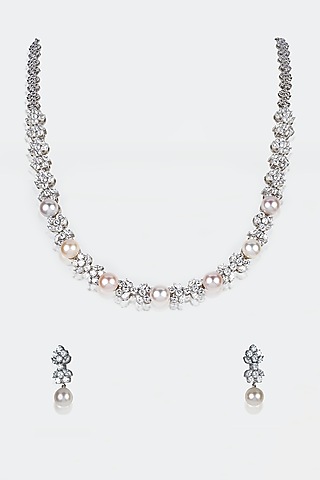 White Rhodium Finish Zircon & Shell Pearl Necklace Set In Sterling Silver by Ananta Jewellery