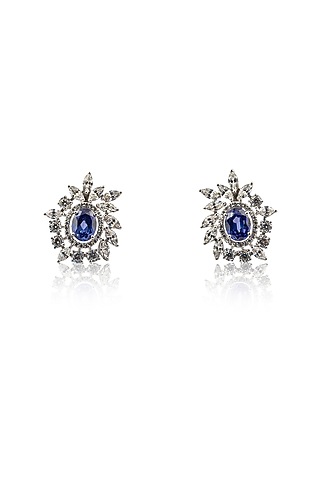White Rhodium Finish Sapphire & Zircon Stud Earrings In Sterling Silver by Ananta Jewellery