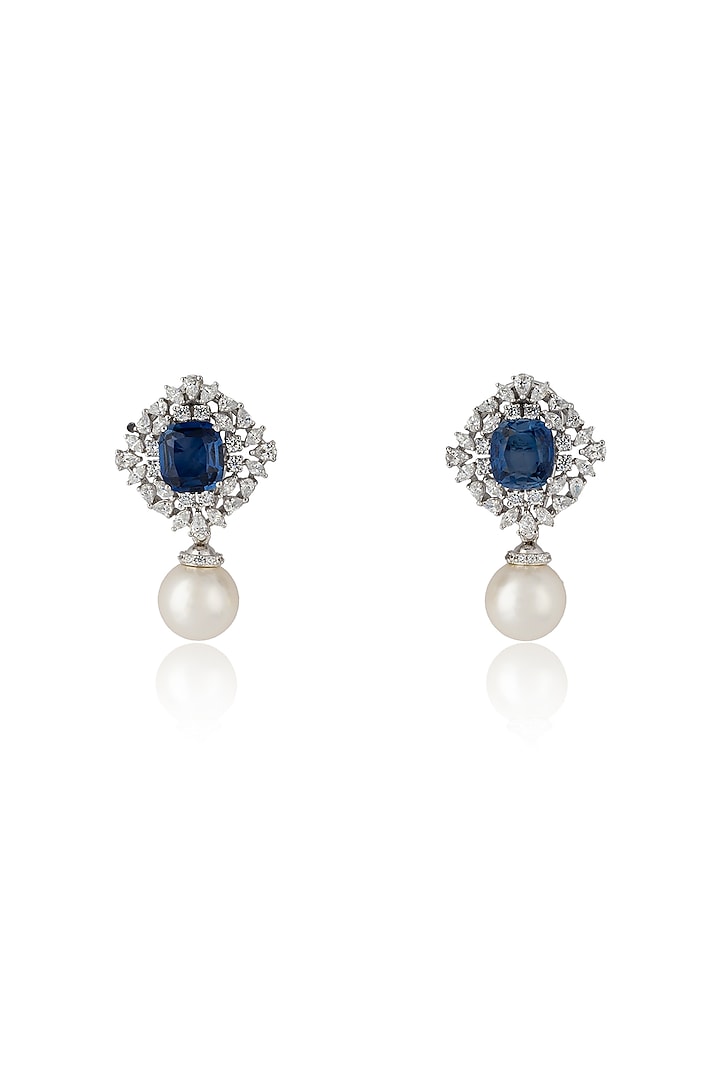 White Rhodium Finish Sapphire & Zircon Stud Earrings In Sterling Silver by Ananta Jewellery at Pernia's Pop Up Shop