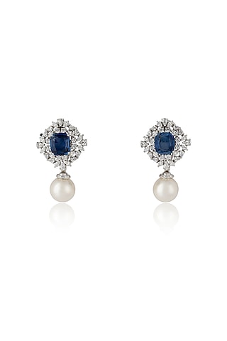 White Rhodium Finish Sapphire & Zircon Stud Earrings In Sterling Silver by Ananta Jewellery
