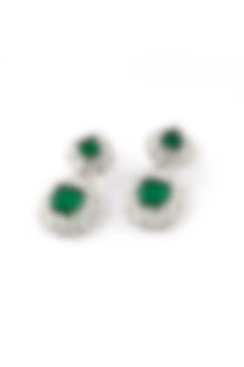 White Rhodium Finish Emerald & Zircon Dangler Earrings In Sterling Silver by Ananta Jewellery at Pernia's Pop Up Shop