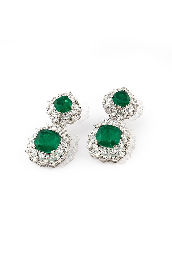 White Rhodium Finish Emerald & Zircon Dangler Earrings In Sterling Silver by Ananta Jewellery at Pernia's Pop Up Shop