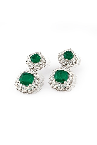 White Rhodium Finish Emerald & Zircon Dangler Earrings In Sterling Silver by Ananta Jewellery