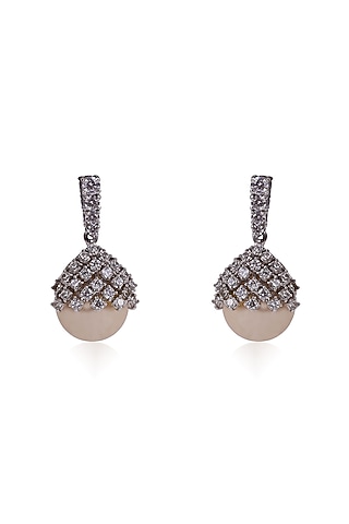 White Rhodium Finish Zircon & Shell Pearl Dangler Earrings In Sterling Silver by Ananta Jewellery