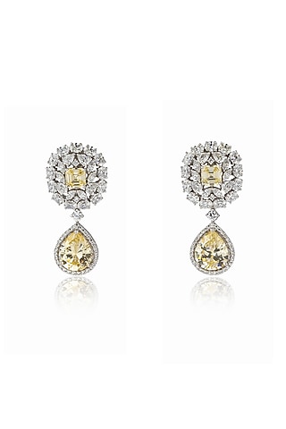 White Rhodium Finish Yellow Citrine & Zircon Dangler Earrings In Sterling Silver by Ananta Jewellery