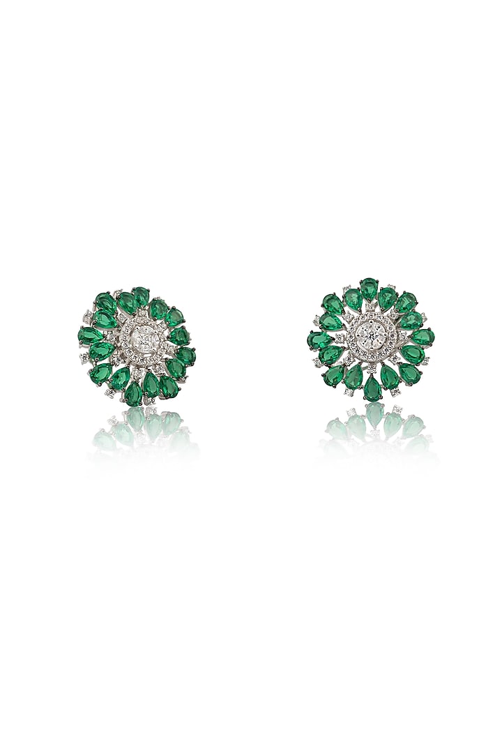 White Rhodium Finish Zircon & Emerald Stud Earrings In Sterling Silver by Ananta Jewellery at Pernia's Pop Up Shop