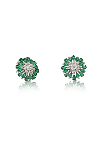White Rhodium Finish Zircon & Emerald Stud Earrings In Sterling Silver by Ananta Jewellery
