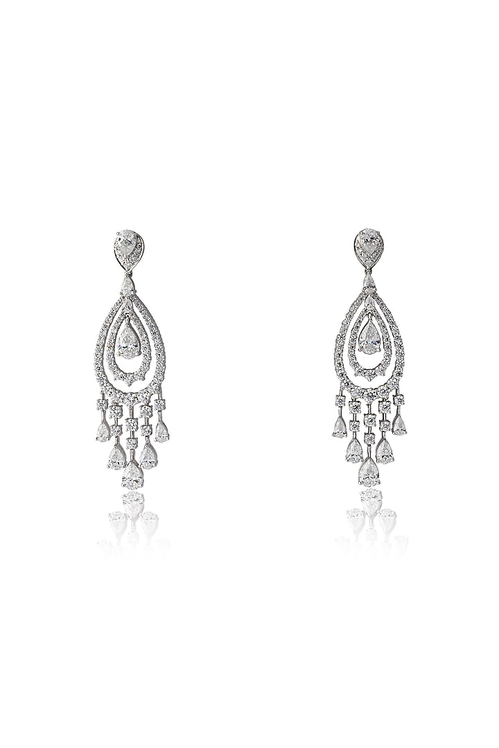 White Rhodium Finish Zircon & Diamond Dangler Earrings In Sterling Silver by Ananta Jewellery at Pernia's Pop Up Shop