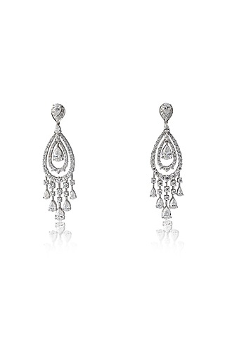 White Rhodium Finish Zircon & Diamond Dangler Earrings In Sterling Silver by Ananta Jewellery